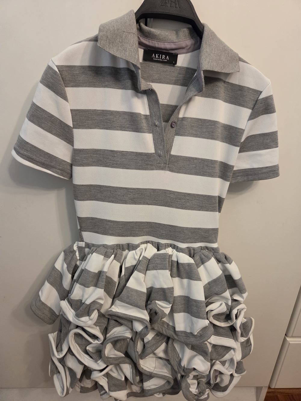 AKIRA Gray and White Striped Polo Ruffle Dress with Collared Top